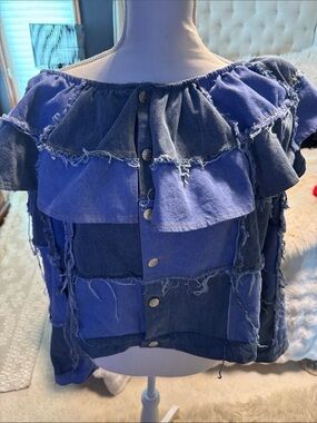 AKIRA Blue Patchwork Ruffle Off-Shoulder Crop Top